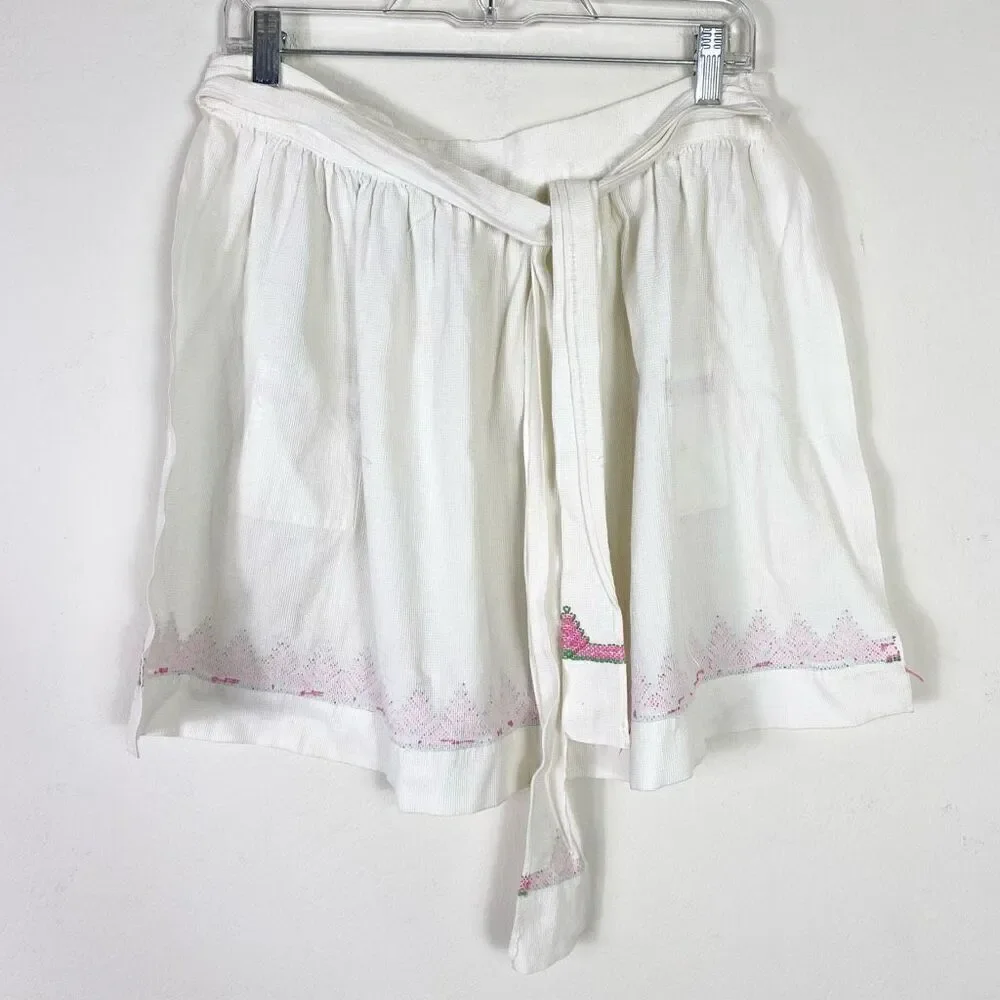 Vintage White & Pink Embroidered Half Apron with Pockets Size M